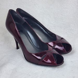 Stuart Weitzman Womens Patent Leather Red Peep Toe High Heel Pumps Size 7.5M